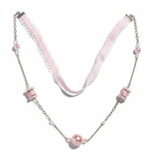 CREATION - OPERA long necklace - Lace & pearl - Pink & White